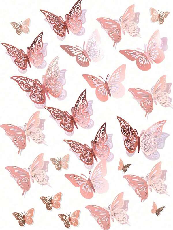 蝴蝶墙饰，粉色蝴蝶生日装饰粉色房间装饰蝴蝶派对装饰蛋糕装饰，可移除墙贴（粉色）-蛋糕装饰