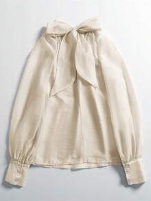 女士高领宽松纯色长袖灯笼袖优雅上衣，春秋季休闲款 - 杏色 - 查看 4