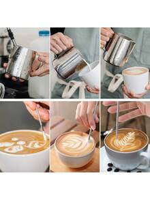 1 套不锈钢牛奶壶，不锈钢牛奶壶，带刻度和配件，咖啡师拿铁艺术笔，适用于卡布奇诺和拿铁，浓缩咖啡，回到学校