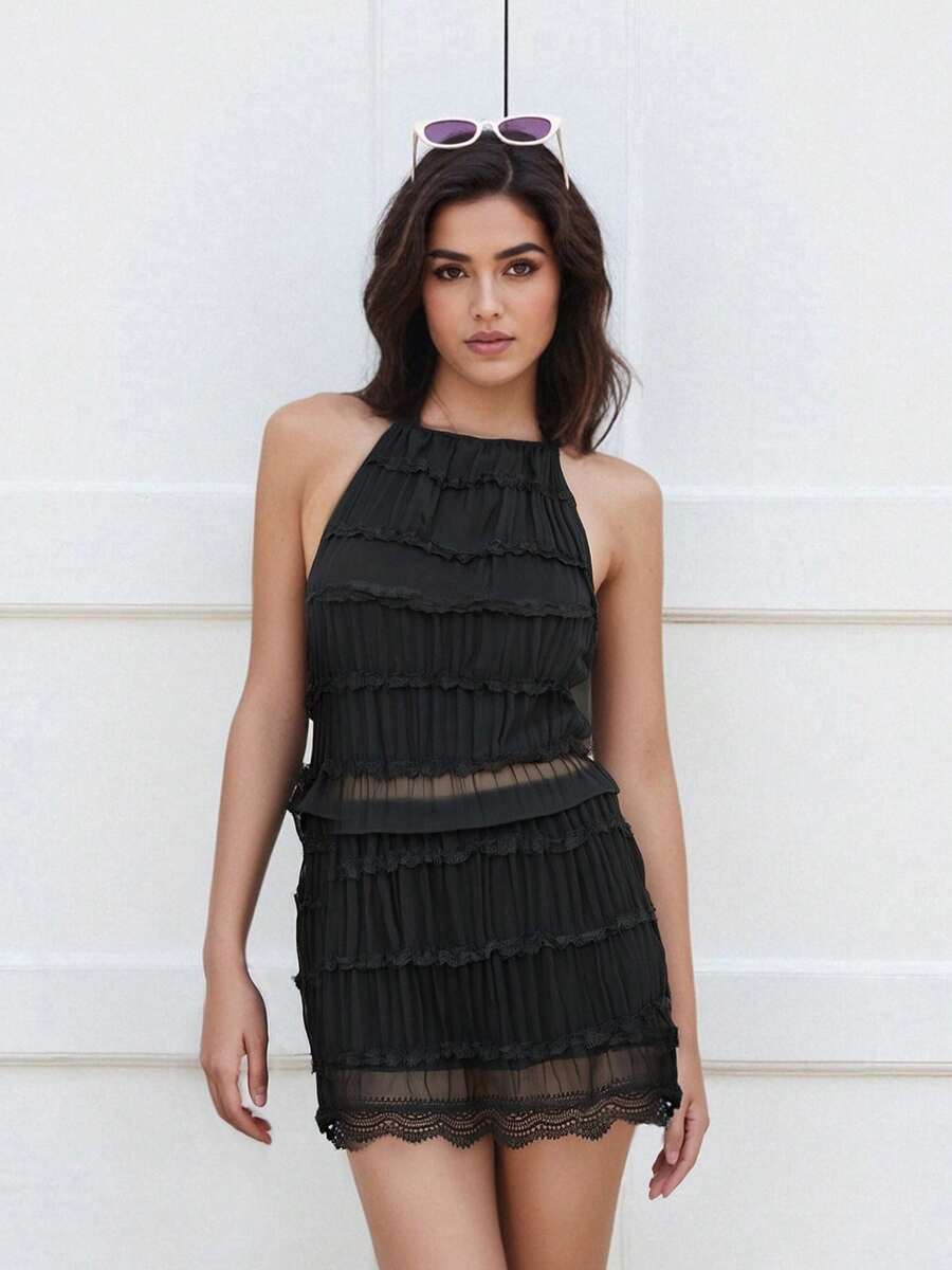 Womens Two Piece Summer Outfits Sleeveless Ruched Halter Tops And Mini Skirt Set Clubwear - Negro - Ver 1