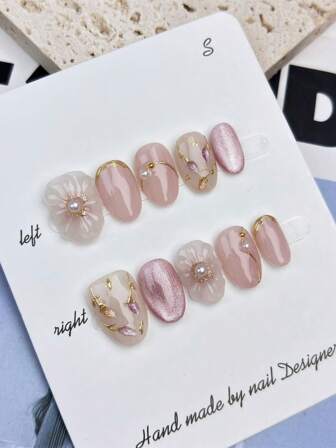10 piezas por set de uñas postizas ovaladas hechas a mano, con un efecto de mezcla de color champán elegante japonés y una forma tridimensional hecha a mano, reutilizables, incluidas herramientas, adecuadas para uso diario por mujeres de cualquier estilo Uñas postizas Suministros para uñas Uñas