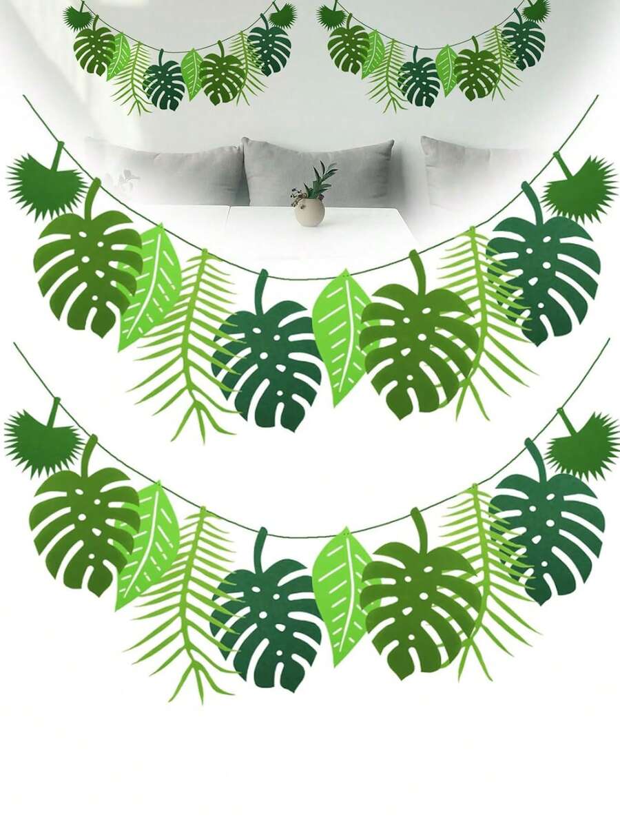 1/2 套大号毛毡叶花环横幅 - 热带龟背竹和棕榈叶设计，适合夏威夷夏季生日派对、毕业典礼和房间装饰、绿植派对装饰、丛林派对用品、恐龙主题装饰，最适合圣诞节 - 彩色 - 查看 1