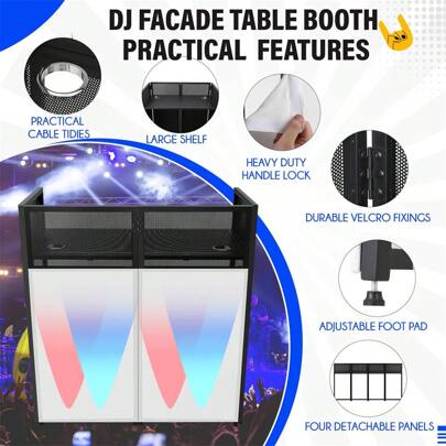 Portable DJ Facade Booth,50"L X 48"H DJ Table Facade With White & Black Scrim,Foldable Metal Frame DJ Table Stand Station With Adjustable Feet For Party