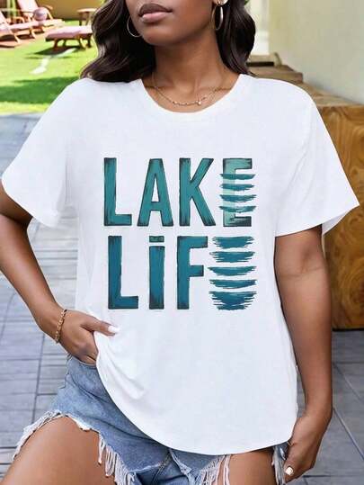 Water LAKE LIFE Rustic Hand Painted Text Women's Plus Size Sports Short Sleeve Casual T-ShirtLoose Round Neck Short Sleeve T-Shirt Comfortable Summer Printed T-Shirts