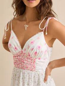 Women Floral Tie Shoulder Maxi Dress Deep V Neck Spaghetti Strap Backless A-Line Layered Ruffled Long Dresses - Pink - View 3