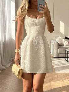 Floreya Summer Wedding Elegant Solid Color High-End Chic Waist-Defining Slim-Fit Spaghetti Strap Midi Dress, Apricot - Cream - View 4