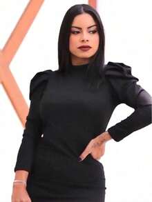 Ribbed Midi Dress High Neck Puff Sleeve. - 黑色 - 查看 4