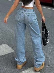 女士休闲浅色水洗阔腿牛仔裤，适合日常穿着，春季款 - 中等水洗藍 - 查看 7