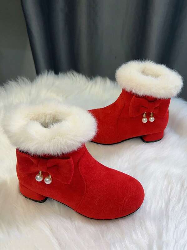 1 Pair Cute Children's Short Boots, Soft, Warm, Fashionable, Convenient Side Zipper Closure, With Furry Trim, Faux Pearls, And Bow Decorations, Comfortable Thermal Lined, Suitable For Girls Indoor/Outdoor, Festivals, Weddings, Parties In Winter