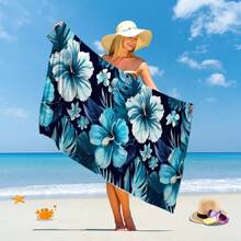 1pc Oversized Bohemian Floral Beach Towel - Quick Dry, Lightweight Polyester Blend, Vibrant Blue Flowers & Green Leaves Design, Ideal For Pool, Bathroom, Travel & Camping, Pool Accessory | Vivid Beach Towel | Lightweight Towel, Beach Towel Beach Essentials