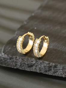 1 Pair Elegant Geometric Round Copper Micro-Inlaid Zirconia Hoop Earrings, Minimalist & Versatile, Gift For Her