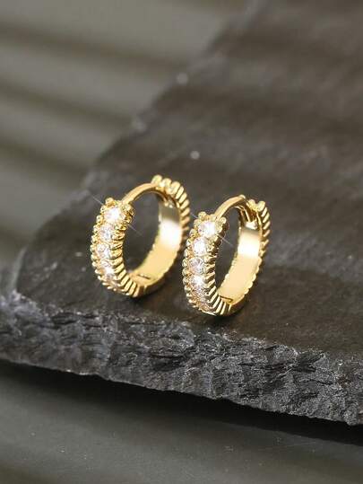 1 Pair Elegant Geometric Round Copper Micro-Inlaid Zirconia Hoop Earrings, Minimalist & Versatile, Gift For Her