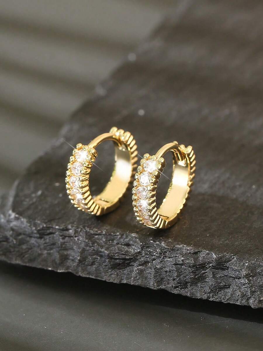 1 Pair Elegant Geometric Round Copper Micro-Inlaid Zirconia Hoop Earrings, Minimalist & Versatile, Gift For Her