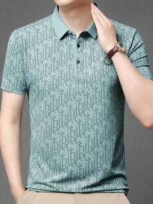 男士字母印花华夫格图案 Polo 衫，夏季轻便商务休闲装 - 綠色 - 查看 4