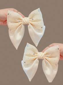2pcs Women's Spring New Rhinestone Fabric Satin Bow Elegant Chic Fashion Snap Hair Clips, Simple Daily Hair Accessories [No Card Package], School Stuff, College