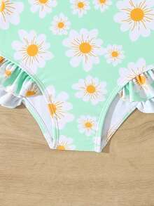 1pc Green Daisy Pattern Young Girl One-Piece Swimsuit, Fashionable For Summer - Multicolor - View 5