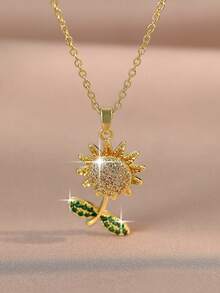 1 pieza Collar con dije de girasol dorado y cubic zirconia para madre e hija, flor tridimensional casual, regalo para mujer para fiestas, diario, viajes