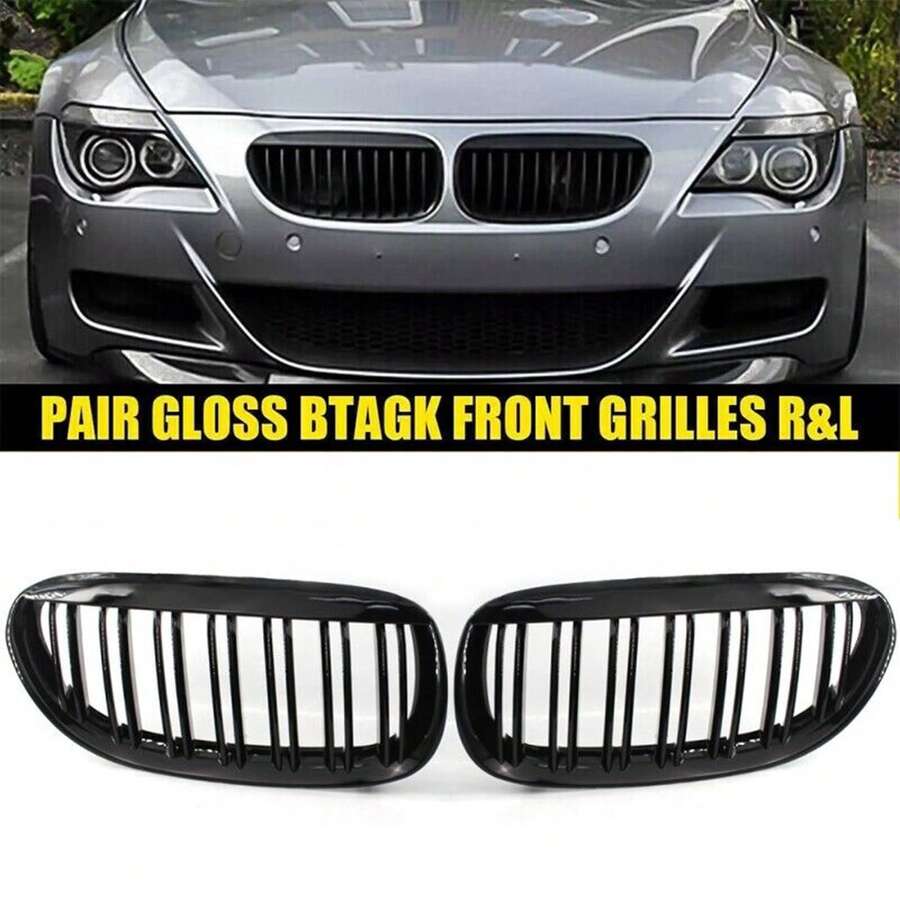 2 Stück Niere Niere, Doppellamellen Niere Frontgrill Grills 51137008915 51137008916, Frontstoßstange Grill Gitter Zubehör Kompatibel für 6 Serie E63 2003-2010 - Schwarz - Übersicht 1