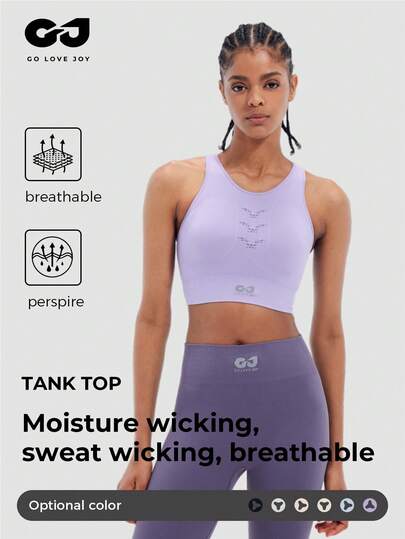 GOLOVEJOY 1 件夏季新款紫色瑜伽上衣，透气穿孔设计普拉提训练运动衫，弹力露背健身房健身上衣，时尚纯色百搭无缝透气速干运动文胸