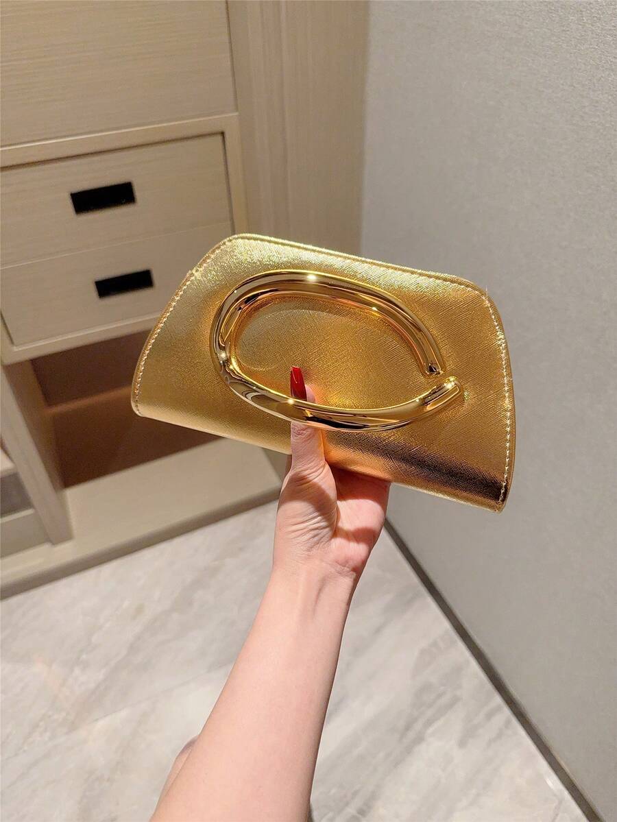1pc Stylish EU/US Metallic Decorated Mini Box Handbag, High-End Shiny Metal Bar Clutch Purse, Elegant Luxury Evening Dress Party Bag, Leather Design Prom Dancing Clutch/Wedding Ceremony Handbag With Metal Chain