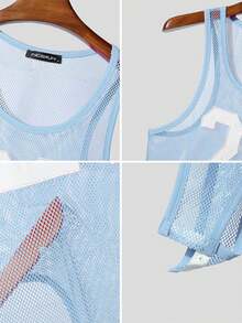 INCERUN Men Sleeveless Number Printed Sports Leotard Undershirts Mesh Slim Playsuit Bodysuits Summer Casual Rompers Jumpsuits - 藍色 - 查看 5