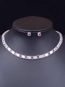 1 Set mit 3 Stücken orientalischer Stil minimalistischer Zirkonia Halskette & Ohrringe Set, elegant für Braut-Hochzeit, formelle Party, Verlobung, hochwertiges Schmuckgeschenk für Frauen