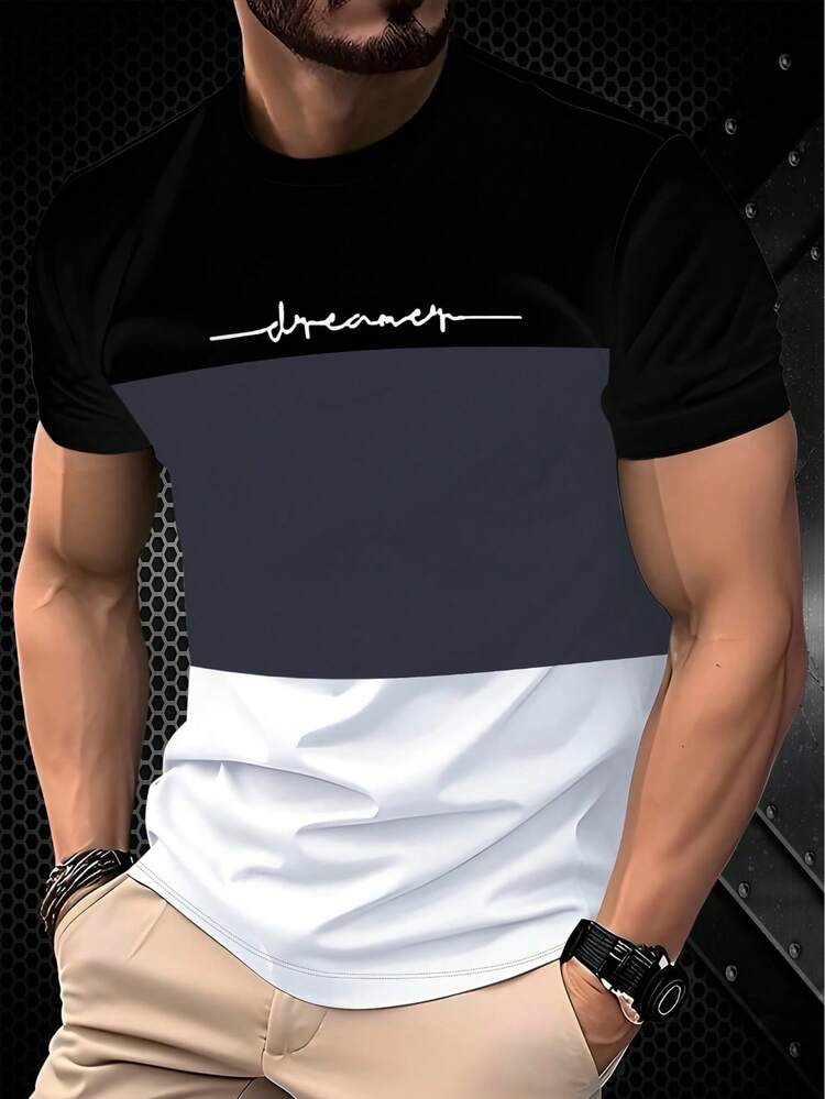 Summer Personalized Tri-Color Patchwork Short Sleeve T-Shirt, Versatile And Comfortable For Daily Wear, Street-Style Attractive Design, 100% Polyester, Smooth Texture, Breathable, Lightweight Fabric - Multicolor - View 1