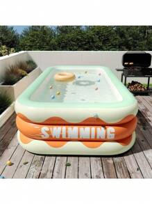 Foldable Inflatable Swimming Pool For Home Use, PVC Material With Waved Edge "Swimming" Print - Ideal Choice For Outdoor Patio And Garden Entertainment. Can Be Used By 1-7 People, Perfect For Backyard Splashing, Family Pool Party. Available In 5 Sizes, With PVC Material And Drain Plug At The Bottom