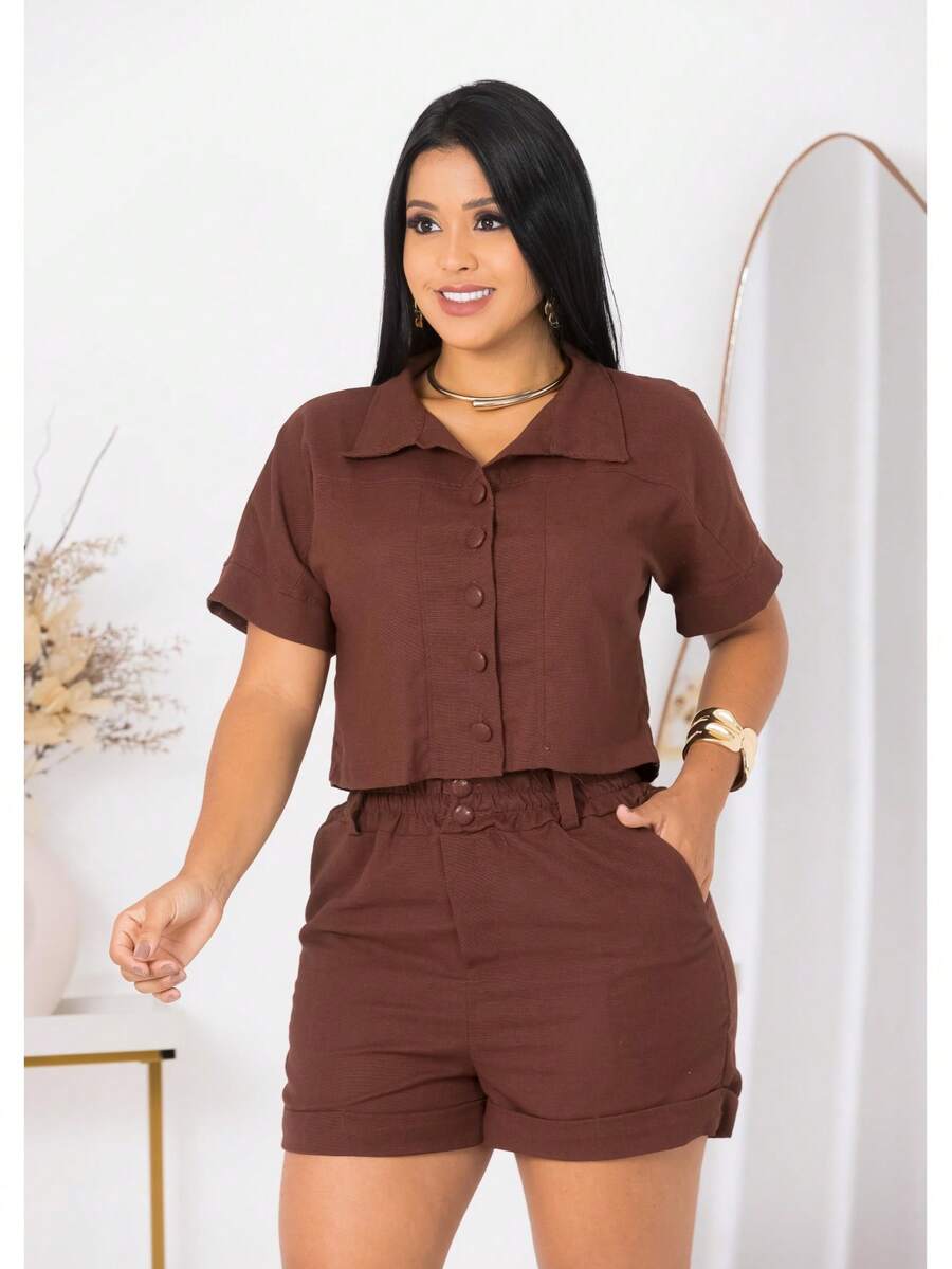 Conjunto feminino linho de short e blusa manga curta