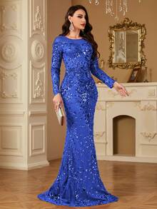 hezixi Đầm sequin co giãn, thoải mái khi mặc, phù hợp với nhiều dáng người, đầm dạ hội dài tay cổ tròn xuyên thấu, thiết kế dáng đuôi cá ôm sát, độc đáo và khác biệt. - Xanh đậm - Xem 4