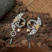 1 Pair Vintage Mechanical Gear, Bee, Circular Dial, Heart Shaped Long Earrings, Women's Fashion Punk Jewelry Gift