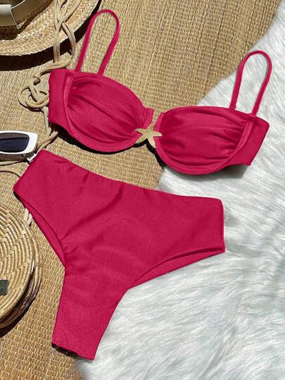 Nuevo Bikini de 2 piezas con push-up, en color rojo vino, sencillo y sólido, con decoración de estrella de mar metálica y estilo europeo y americano
