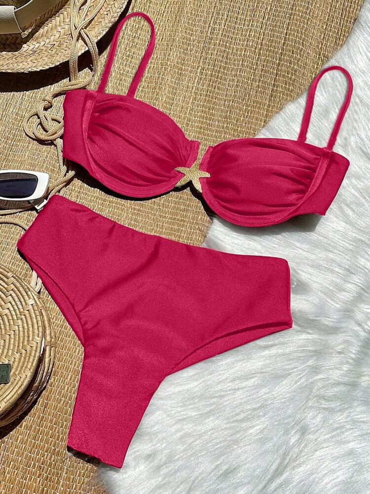 Nuevo Bikini de 2 piezas con push-up, en color rojo vino, sencillo y sólido, con decoración de estrella de mar metálica y estilo europeo y americano - Rosa Fucsia - Añade 1