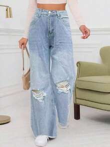 2025 Loose Fit Distressed Straight Leg Jeans - Light Wash - View 5