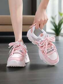 1 双女士休闲运动鞋，百搭厚底跑鞋，时尚系带步行鞋，厚底运动鞋，休闲鞋 - 粉色 - 查看 4