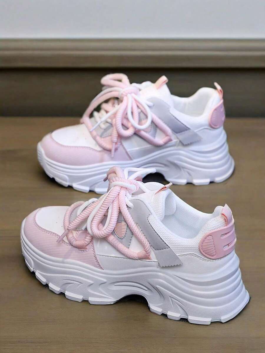 1 双女士休闲运动鞋，百搭厚底跑鞋，时尚系带步行鞋，厚底运动鞋，休闲鞋 - 粉色 - 查看 1