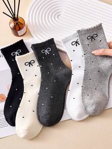 4 Pairs Women's Polka Dot Bow Short Socks, Black, White, Gray Optional, Suitable For Any Season - Multicolor - View 1