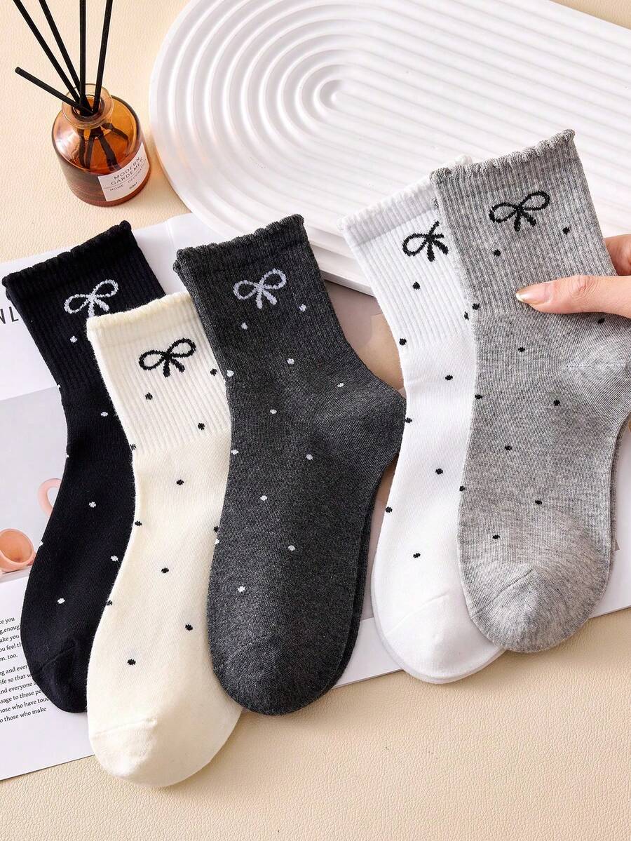 4 Pairs Women's Polka Dot Bow Short Socks, Black, White, Gray Optional, Suitable For Any Season - Multicolor - View 1