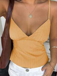 Women's Summer Cami Tops Sleeveless Deep V Neckline Stripes Print Camisole Tank Tops - Yellow - View 4