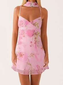 Women Mini Dress Floral Print/Solid Color Sleeveless Cami Dress Summer Backless Dress With Choker Scarf - 彩色 - 查看 2