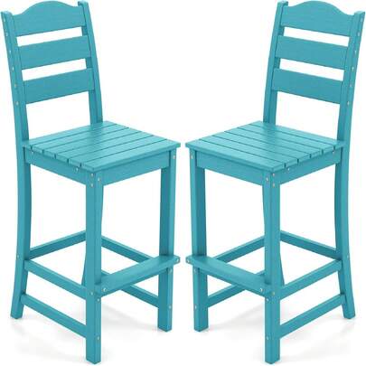 Homasis Set Of 2 HDPE Bar Stool Patio Tall Chair Backrest Footrest All Weather Turquoise