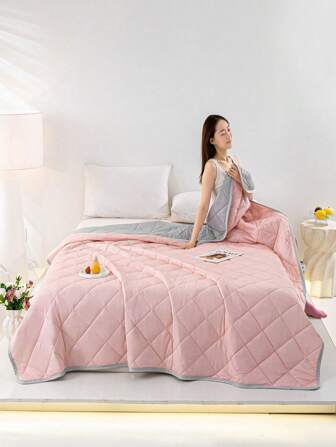 1 Piece [3-5°C Cooling Blanket] For Hot Sleepers | Two-Tone Patchwork Diamond Quilted Summer Cool Quilt Simple Home Bedding|Ice Touch Fiber Air Conditioning Blanket | Solid Color Design | Extra Large Size | For Kids, Adults, Elderly | Machine Washable | Indoor And Outdoor Use, Suitable For Home Travel Multi-Purpose/Camping, Sofa, Car, Etc.