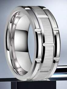 1 件男士不锈钢 8 毫米戒指，高抛光，纹理表面，佩戴舒适，是送给他的完美礼物，适合休闲或正式场合，钛钢戒指，结婚戒指，父亲节、情人节礼物 - 銀色 - 查看 2