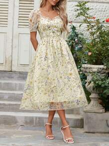 Women's Romantic Elegant Flowy Ditsy Floral Waist-Cinched Long Dress, Short Sleeve Summer Dress