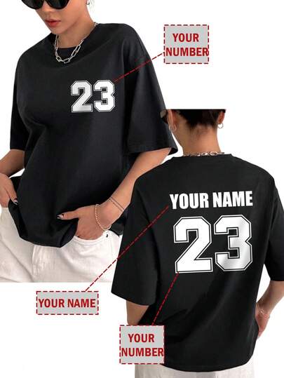 Maglietta personalizzabile da donna con motivi anteriori e posteriori, aggiungi il tuo nome e numero, top a maniche corte, abbigliamento da palestra, yoga, sport, activewear nero estivo