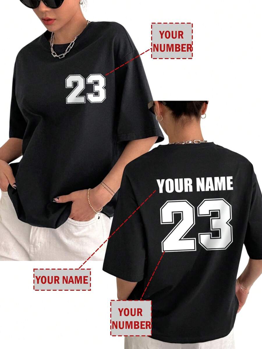 定制个性化礼物,可定制前后图案的女士T恤,添加您的姓名和号码,前后图案均可定制,选择您喜欢的颜色和字体,设计您专属的个性化印花T恤作为送给女朋友的礼物。另有连帽衫、情侣约会T恤等款式可供选择。舒适休闲,女士上衣,定制印花上衣,定制女士短袖T恤,黑色,夏季/健身服。 - 黑色 - 查看 1