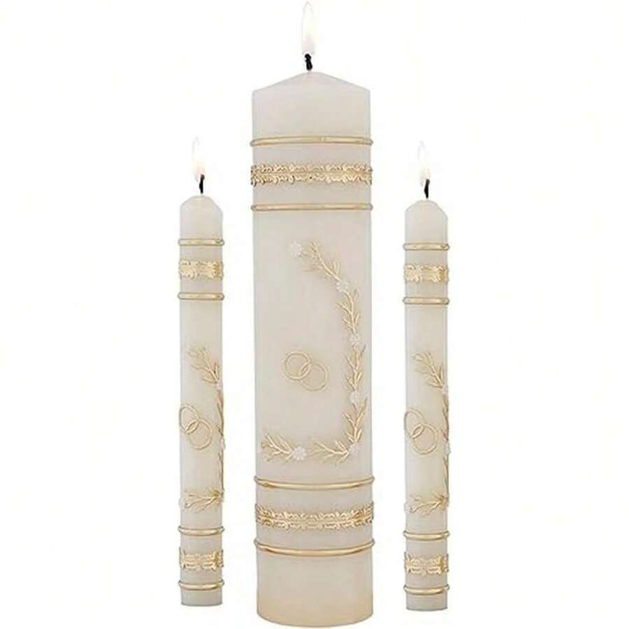 Creative Brands Will & Baumer Gold Toned Floral Wedding Candle Unity Set With Ring Design, Set Of 3 - Will & Baumer Gold Toned Floral Wedding Candle Unity Set with Ring Design - View 1