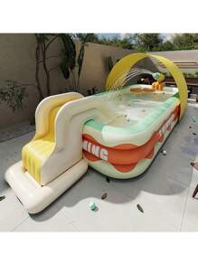 Foldable Inflatable Swimming Pool For Home Use, PVC Material With Waved Edge "Swimming" Print - Ideal Choice For Outdoor Patio And Garden Entertainment. Can Be Used By 1-7 People, Perfect For Backyard Splashing, Family Pool Party. Available In 5 Sizes, With PVC Material And Drain Plug At The Bottom