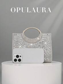 OpulAura 女士时尚闪亮水钻装饰晚宴手拿包，奢华闪耀水钻细节正式派对手提包，适合礼服、派对、约会、婚礼、生日、新娘配饰、婚礼手拿包 - 銀色 - 查看 4