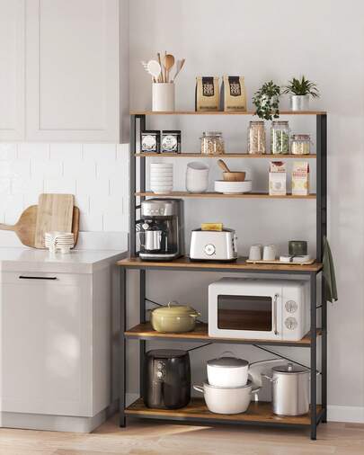  VASAGLE Kitchen Storage Rack, Coffee Bar, Baker's Rack, Total 6 Shelves And 6 Hooks, For Microwave, Steel Frame, Industrial, 40 X 100 X 167 Cm, Rustic Brown And Ink Black